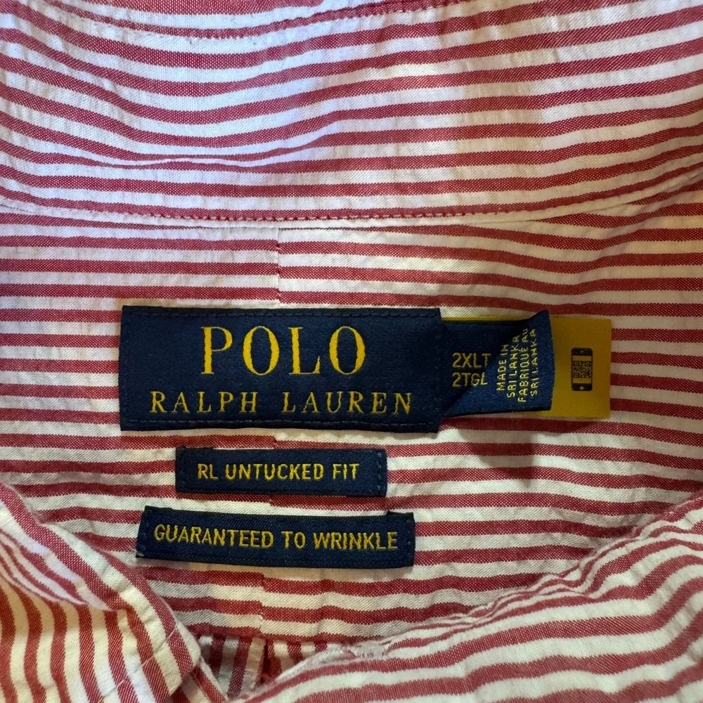 Polo Ralph Lauren Button Down Mens 2XLT Red Seersucker Stripe Short Sleeve Shirt